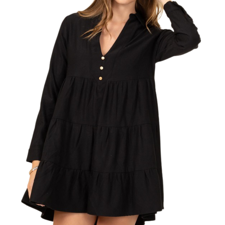 Black Tiered Corduroy V-Neck Shirt Dress