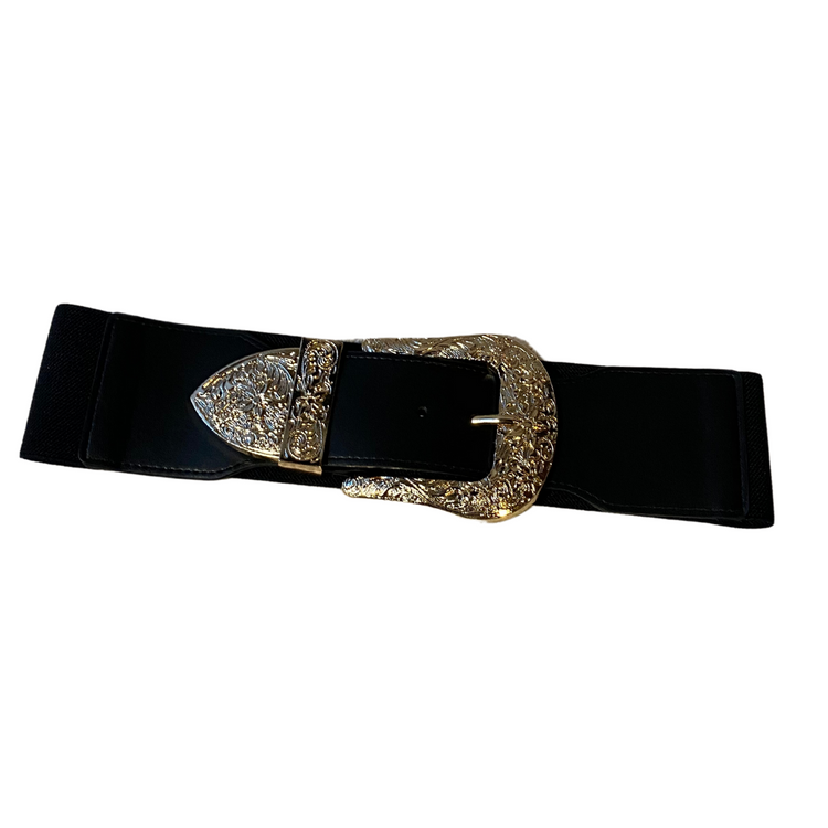 Chunky Gold Tooled Buckled High Belt with Vegan Leather and Elastic Band