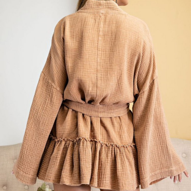 Thick Gauzy Ruffled Tie Waisted Open Kimono