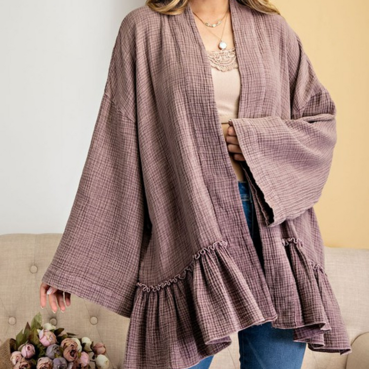 Thick Gauzy Ruffled Tie Waisted Open Kimono