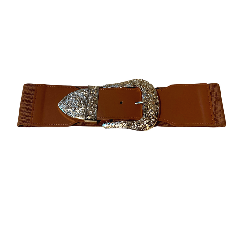 Chunky Gold Tooled Buckled High Belt with Vegan Leather and Elastic Band