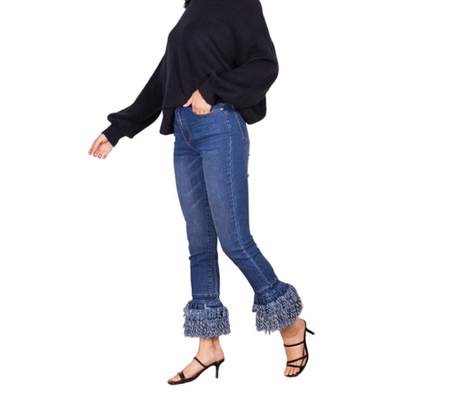 Mid-Rise Medium Wash Stretch Denim Jeans with Tiered Frayed Bottom