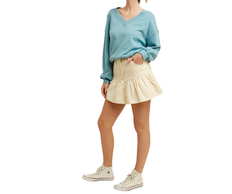 Cream Denim Cutes-y Mini Skirt w/ Fitted Upper and Bottom Ruffle