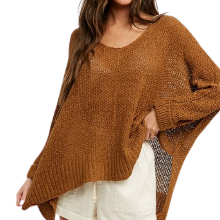 Comfy Knit V Neck 3/4 Cuff Sleeve Sweater with Side Slits