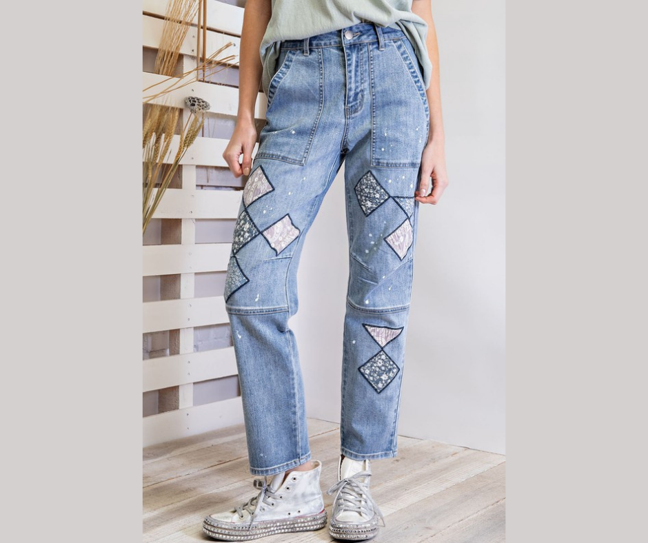 Print Patchwork Bell Bottom Denim Pants – Karmic JuJu