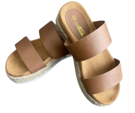 Priscilla Tan Double Strap Platform Slip-On Slide Sandals