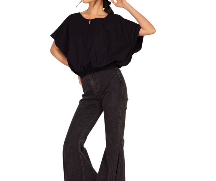 Short Sleeve Black Billowy Poplin Top with Elasticized Crop Hem