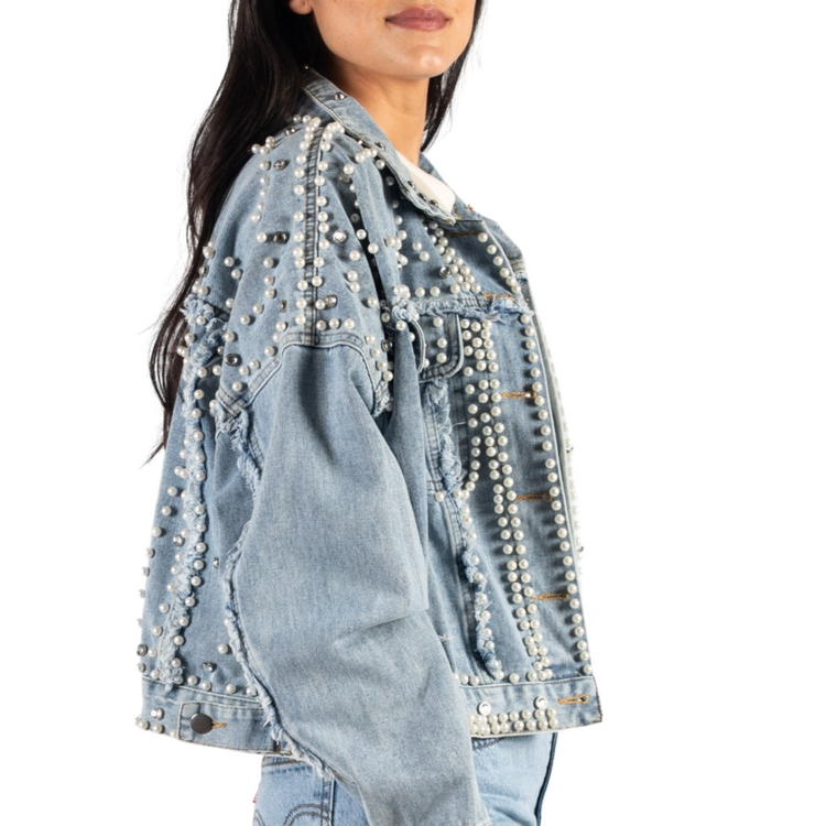 Denim Jacket with Pearl Embellishments