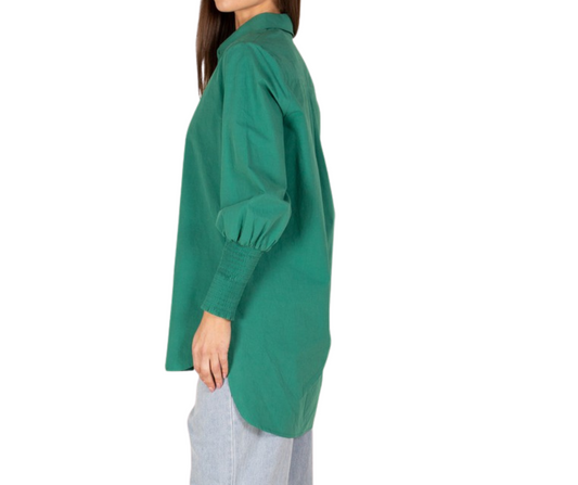 Kelly Green Button Down Shirt Top with Shirred Cuff