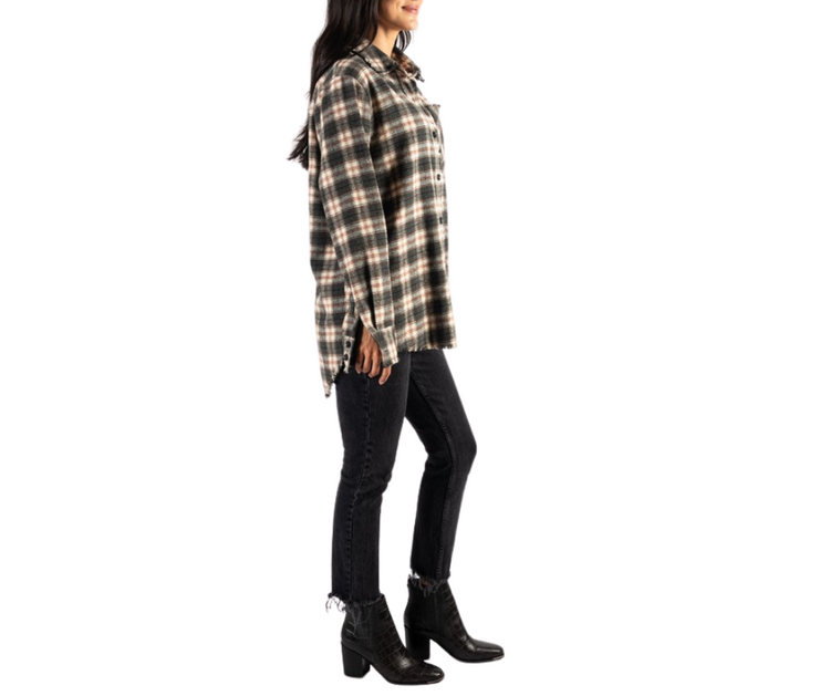 Charcoal Cream Plaid Raw Edge Button Up Shirt