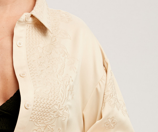 Embroidered Cream Satin Woven Button Shirt Top