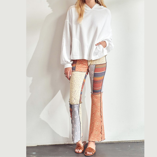 Patchwork Exposed Seam Flare Bell Bottom Stretch Pants