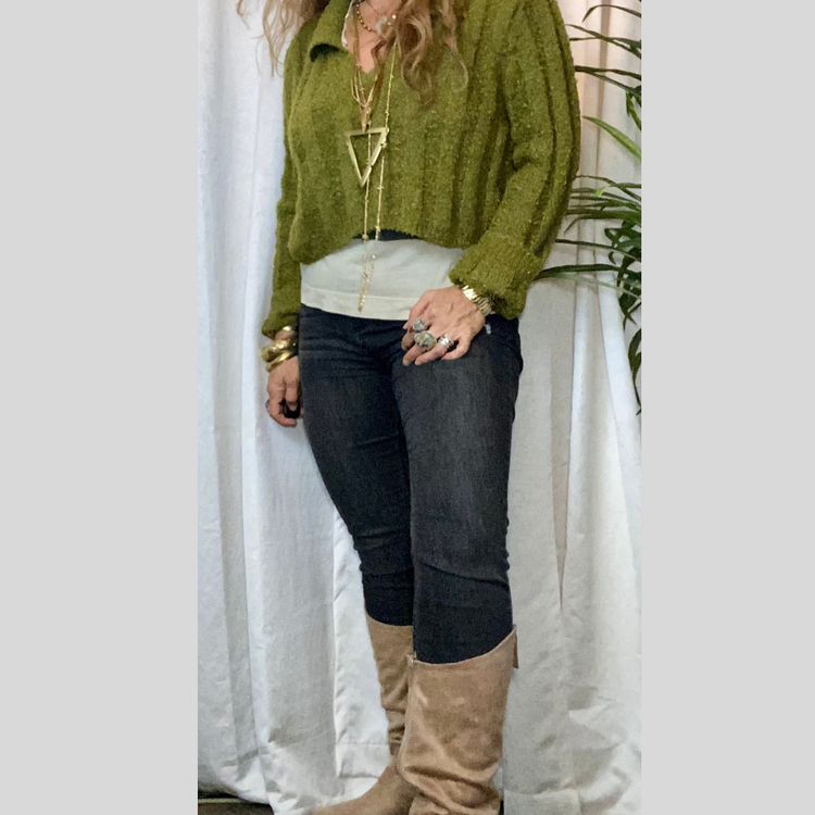 Olive Green Cozy Soft V Neck Collard Crop Sweater