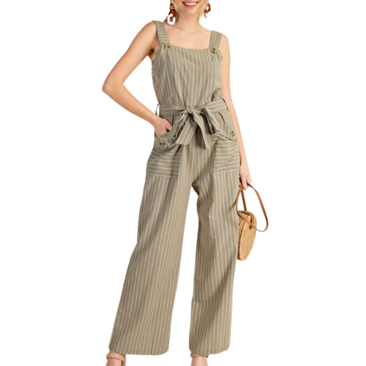 Striped Sleeveless Belted Jumpsuit