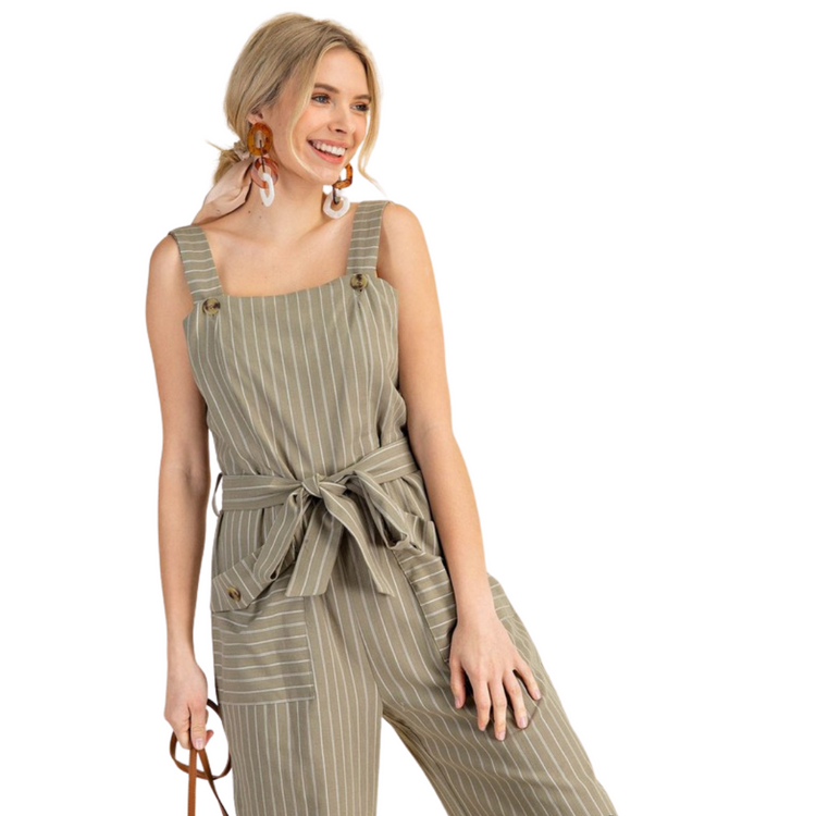 Striped Sleeveless Belted Jumpsuit