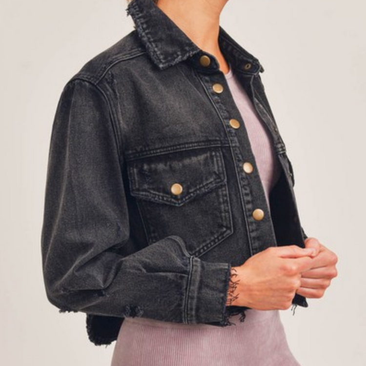 Crop Faded Black Denim Jacket with Hi Low Hemline