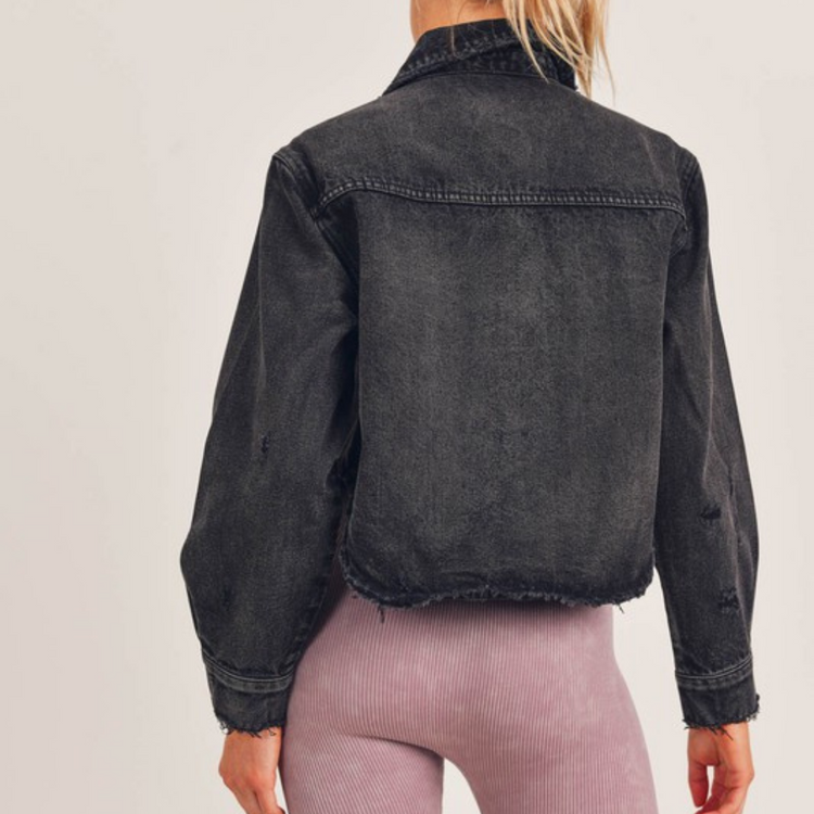 Crop Faded Black Denim Jacket with Hi Low Hemline