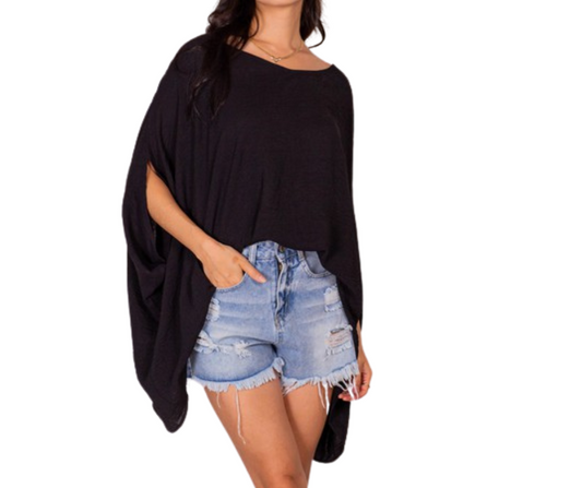 Black Cape Style Top with Draped Flowy Silhouette