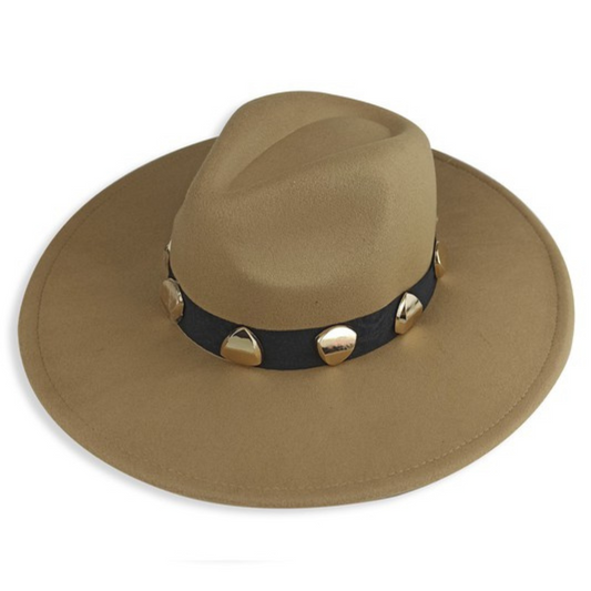 Felt Khaki Fedora Hat with Black Hatband with Gold Stones