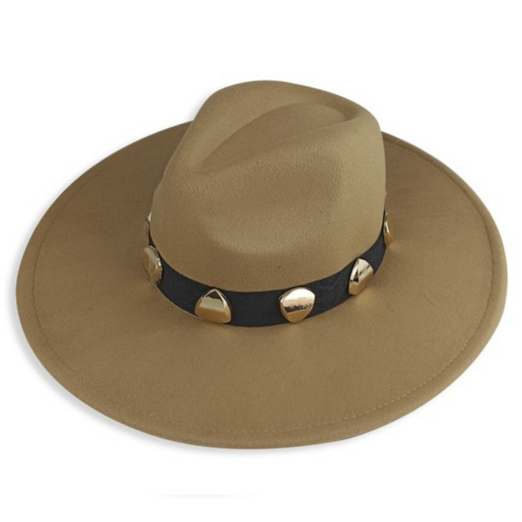 Felt Khaki Fedora Hat with Black Hatband with Gold Stones