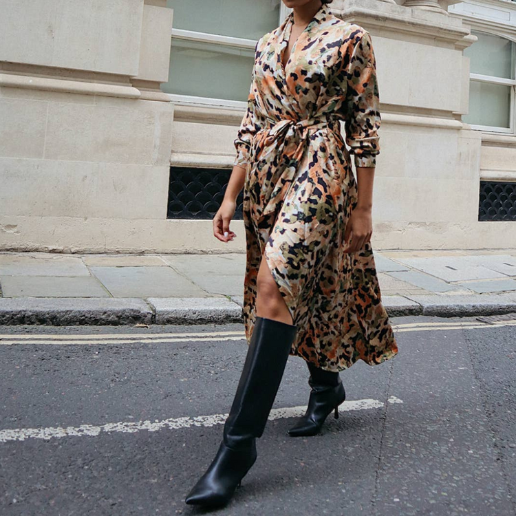 Satin Abstract Leopard Print Long Wrap Dress or Duster