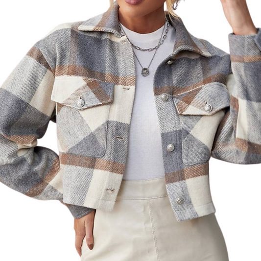 Brown Gray Cream Cropped Plaid Flannel Shacket