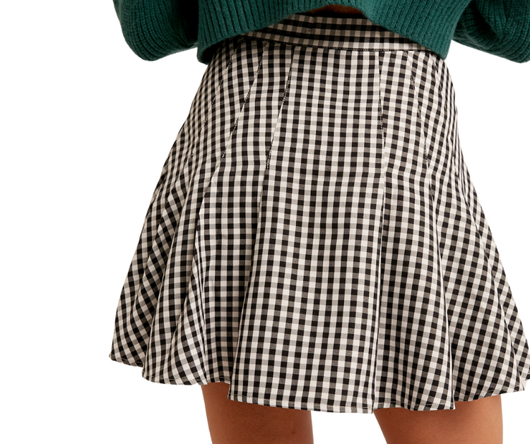 Black White Gingham Flare Mini Skirt