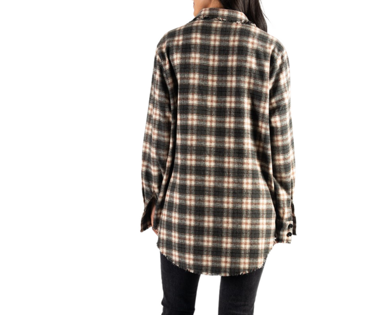 Charcoal Cream Plaid Raw Edge Button Up Shirt