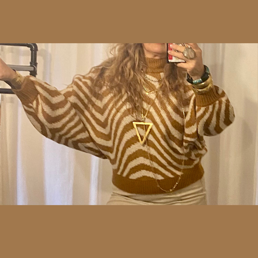 Camel Cream Zebra Swirl Dolman Sleeve Mock Neck Sweater