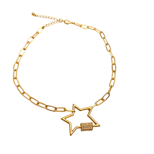 Gold Paperclip Adjustable Length Chocker Necklace with Chunky Gold and Crystal Star