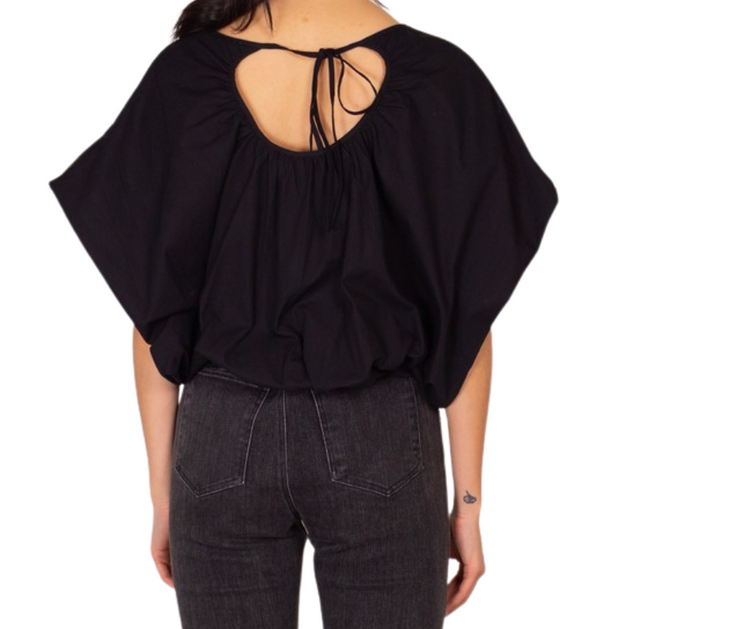 Short Sleeve Black Billowy Poplin Top with Elasticized Crop Hem