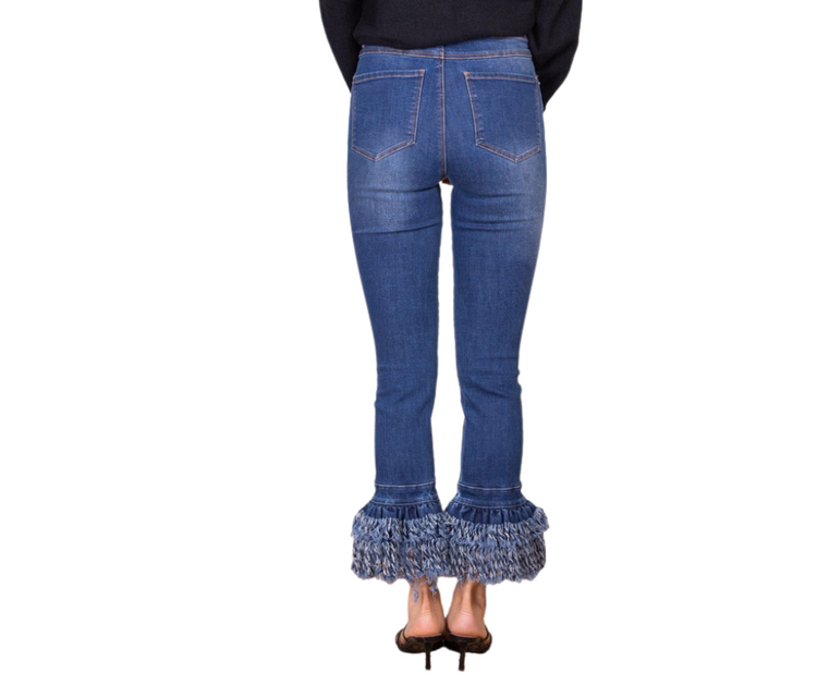 Mid-Rise Medium Wash Stretch Denim Jeans with Tiered Frayed Bottom