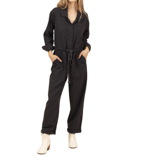 Hip Utility Charcoal Linen Cotton Button Down Jumpsuit with Rope Tie Waist Belt