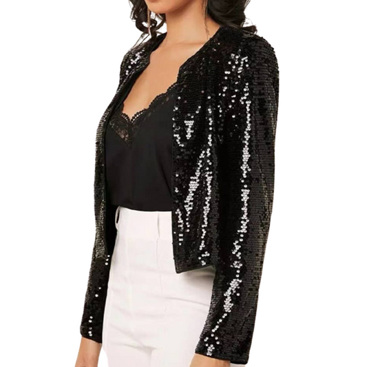 Black Sequin Open Front Crop Jacket with Pleated Shoulder