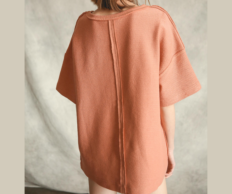 Cream Soft Felt Textured French Terry Knit Oversized Short Sleeve Top