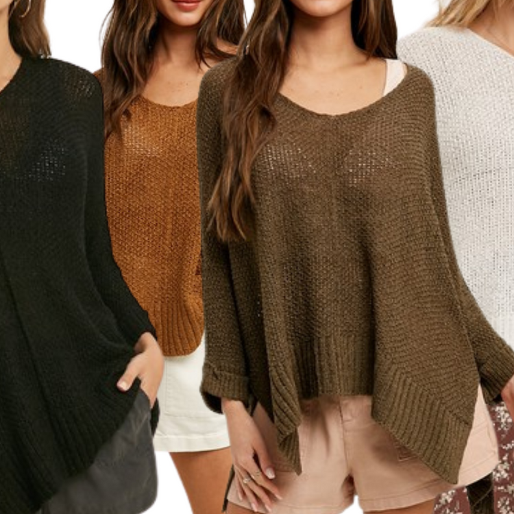 Comfy Knit V Neck 3/4 Cuff Sleeve Sweater with Side Slits