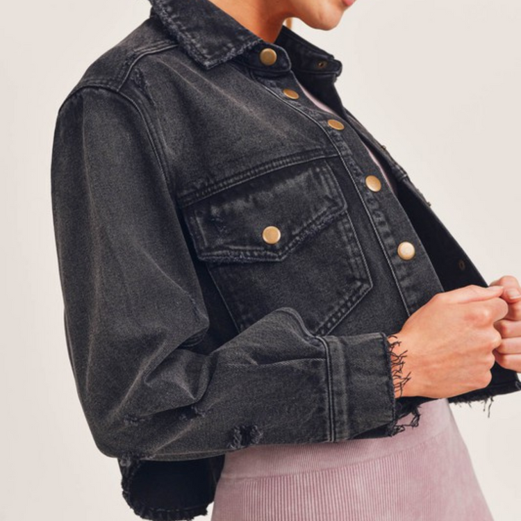 Crop Faded Black Denim Jacket with Hi Low Hemline