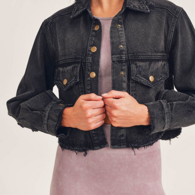 Crop Faded Black Denim Jacket with Hi Low Hemline