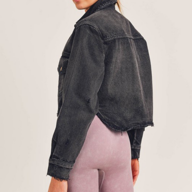 Crop Faded Black Denim Jacket with Hi Low Hemline