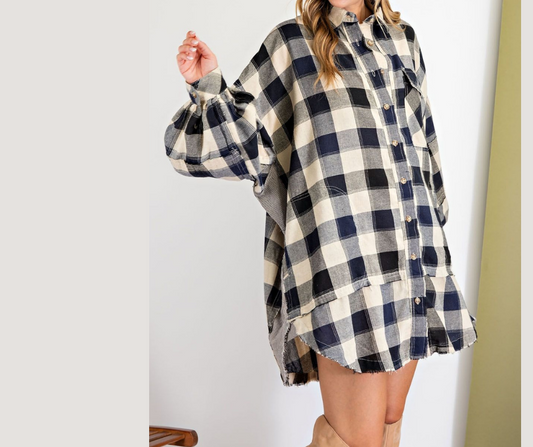 Long Sleeve Navy Ivory Plaid Oversized Shirt Dress