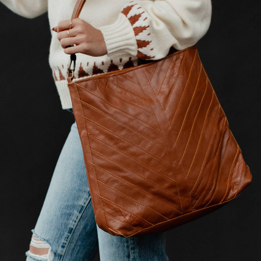 Brown Leather Chevron Detail Messenger Removable Strap Purse Bag