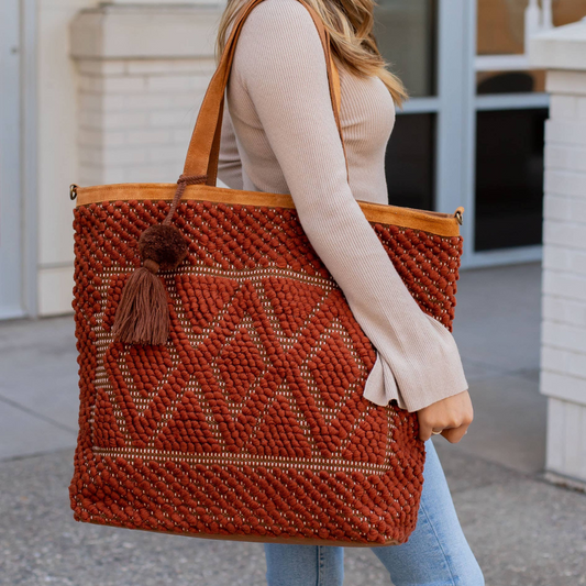 Aztec Nubby Rust Multi Diamond Boho Tote With Pom Tassel