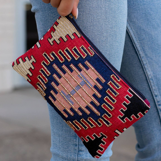 Aztec Navy, Red, Tan Beaded Wristlet Purse Bag