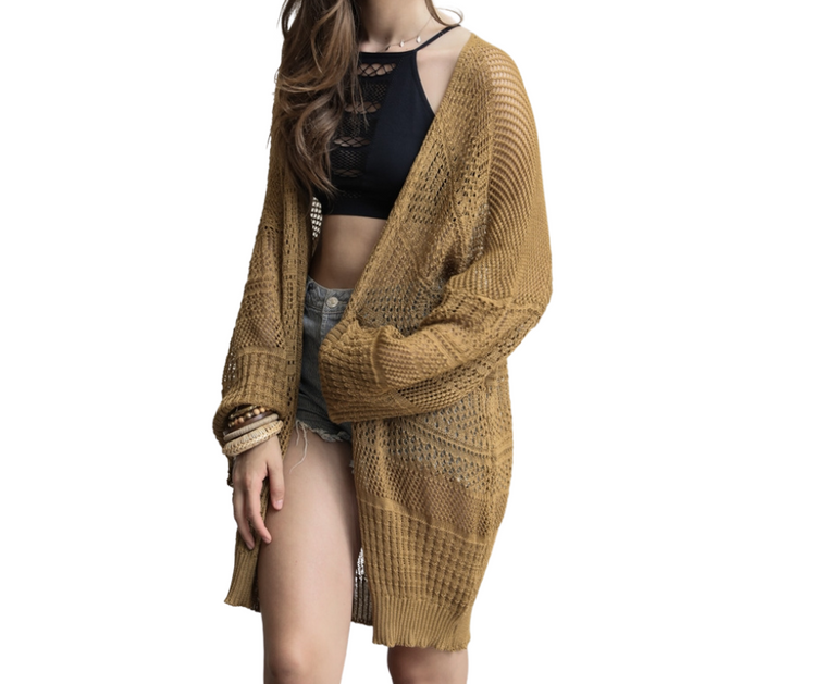 Tan Bronze Shear Knitted Sweater Kimono Pancho