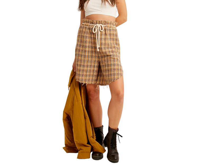 Plaid Textured Long Shorts with Curved Raw Edge & Drawstring  - Multi plaid cloth textured curved raw hem shorts  - Plaid printed textured woven fabric  - Paper bag waist with contrast tie string  - Side seam pockets  - Curved raw hem