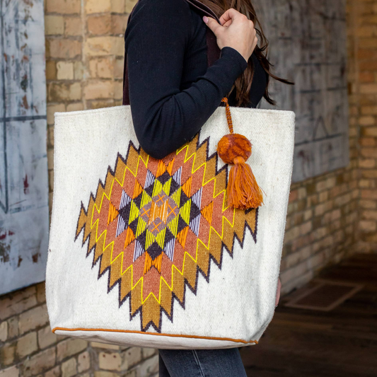 Aztec Cream with Orange, Rust, Yellow, Diamond Boho Tote With Pom Tassel