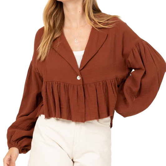 Brown Long Sleeve Babydoll Cropped Single Button Peplum Gauze Jacket Top