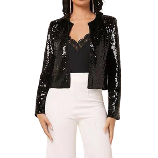 Black Sequin Open Front Crop Jacket with Pleated Shoulder