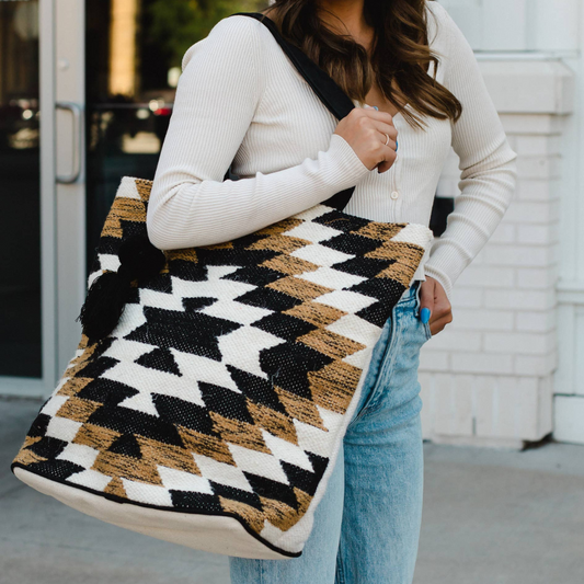 Aztec White, Brown, Black Aztec Boho Tote With Pom Tassel