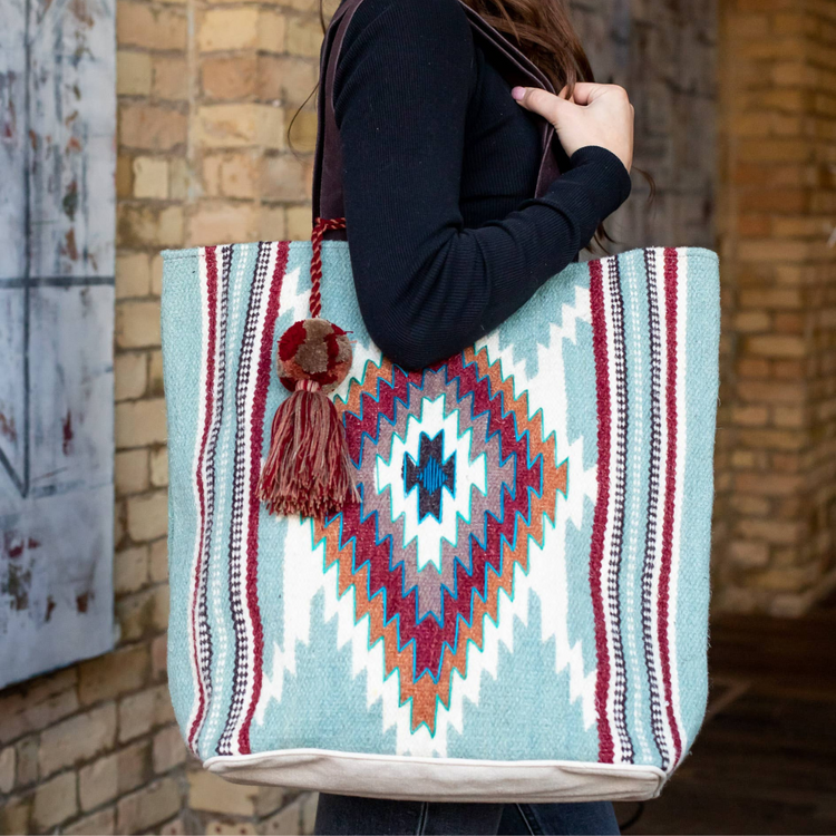 Aztec Blue, Burgundy, Orange Boho Tote With Pom Tassel